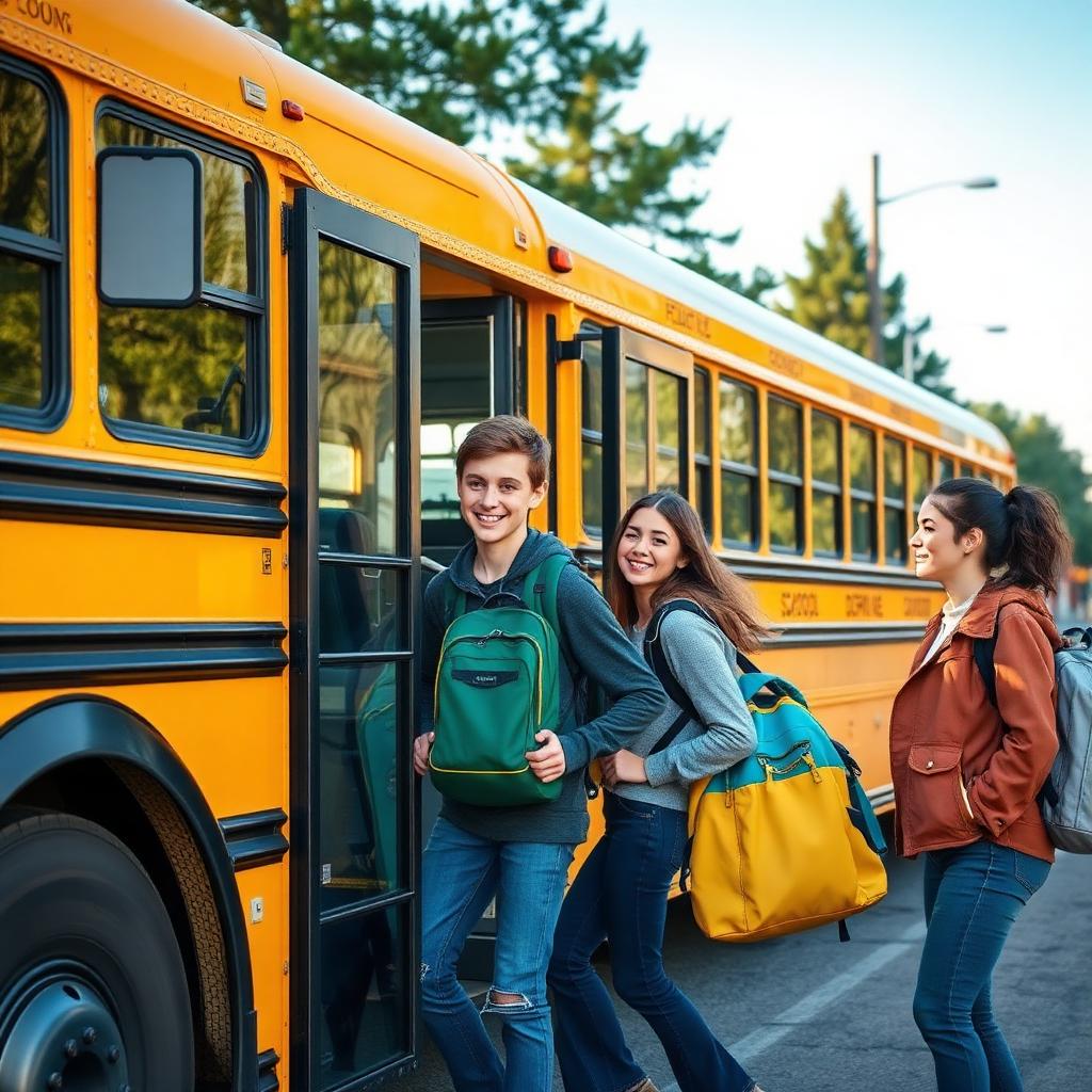 Aluno embarcando em ônibus escolar canadense
