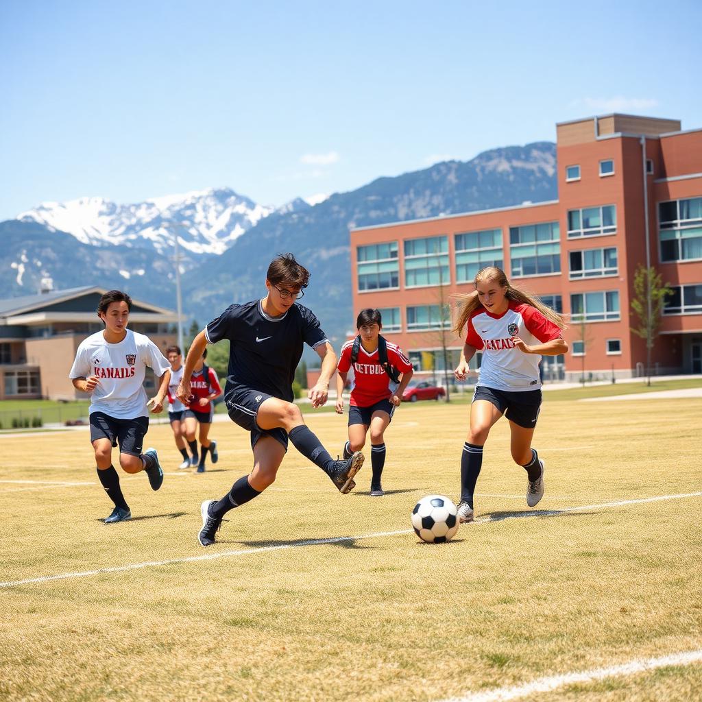 Alunos jogando soccer no campo da escola em Abbotsford
